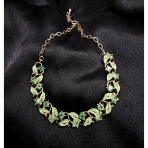Vintage Gold Tone Necklace W/ Green Rhinestones & Enamel Leaves
